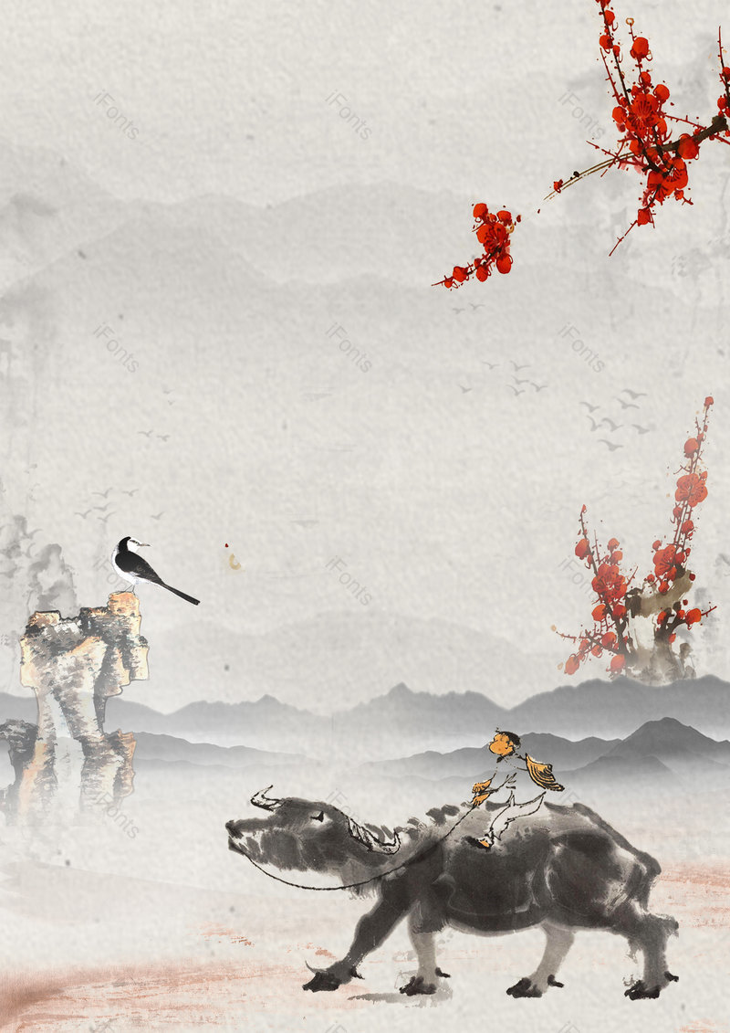 灰色中国风质感惊蛰耕牛梨田海报背景,插画/手绘图,插画/手绘图库,插画/手绘图下载,插画/手绘